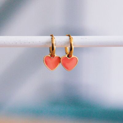 Stainless steel hoop earrings with mini heart – coral