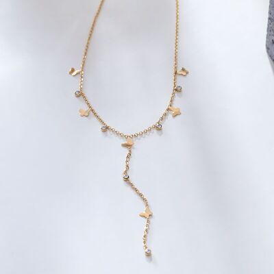 Gold Y chain necklace with butterfly and rhinestone pendants