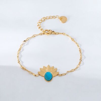 Golden chain bracelet with turquoise stone and half flower