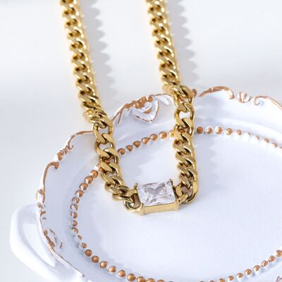 Large gold mesh necklace with rectangle rhinestones