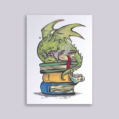 Dragón de cartas y libros.