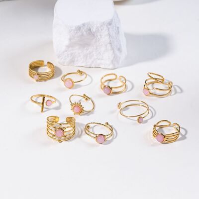 Set mit 10 Ringen mit rosa Steinen