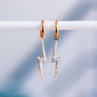 Stainless steel hoop earrings with glitter lightning - gold