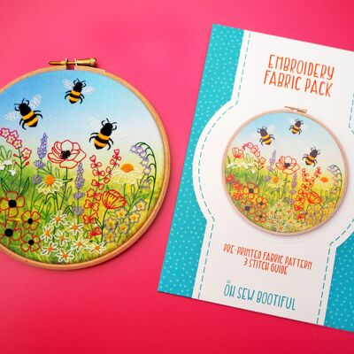 Paquete de telas con patrón de bordado de pradera de abejas y flores silvestres