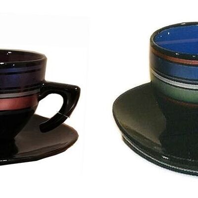 Ceramic set of 6 mugs and plates  (3 blue & 3 with red details) in gift box. EK-332