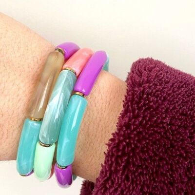 Bracciale elastico in tubo di resina acetata spessore 0,5 cm turchese e viola | salmone