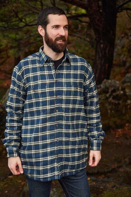 Collar Fleece Lined Flannel Shirts Navy Green Check- LV13