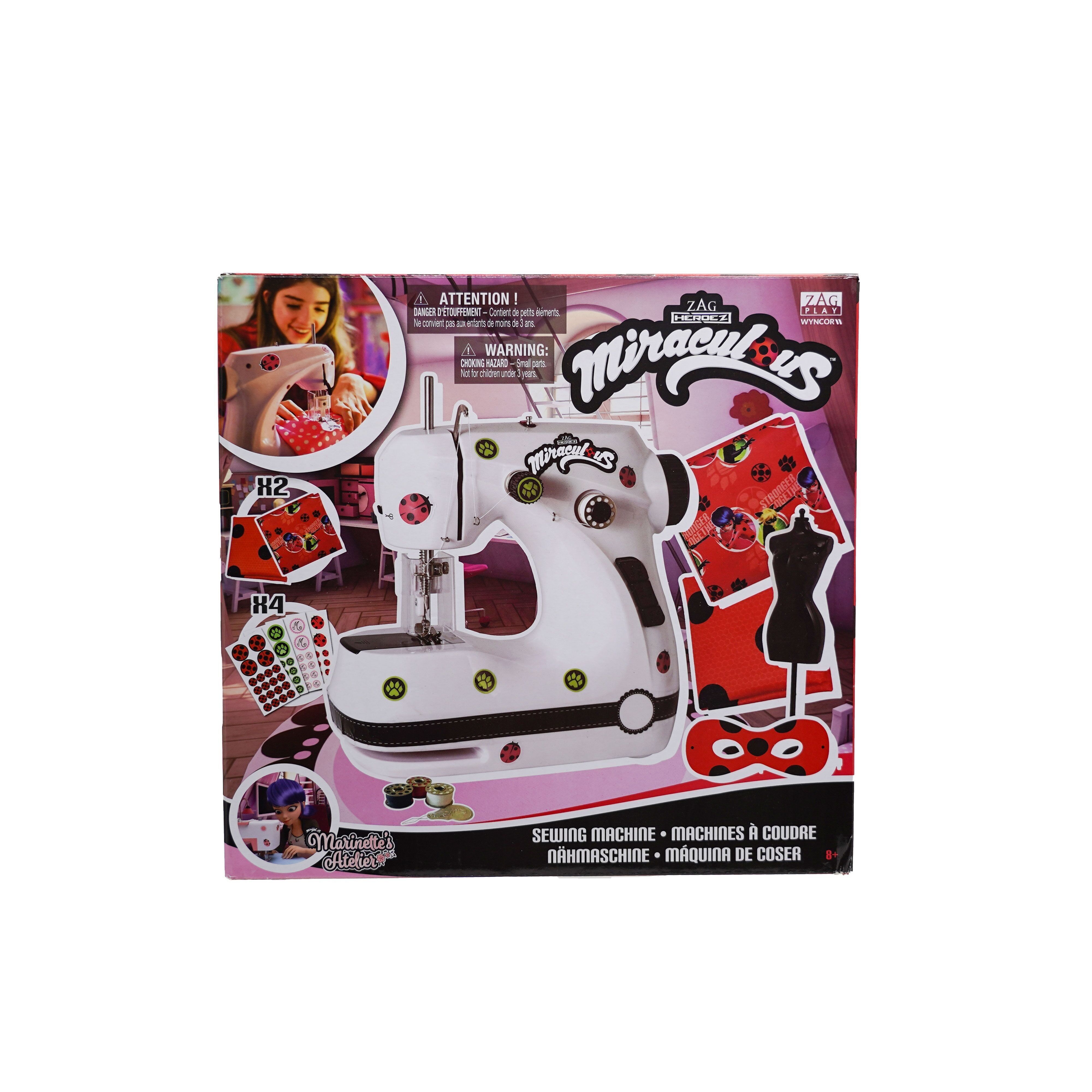 Marinette Miniature Sewing Machine - Miraculous Ladybug for Children, Double Speed with Fabrics, Mannequin, Cutting Masks, Pedal (Wyncor) - European Adapter Version: M02106 or Batteries