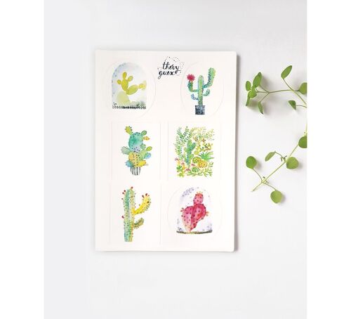 PLANCHE GRANDES ETIQUETTES AUTOCOLLANTES CACTUS ET PLANTES GRASSES AQUARELLE