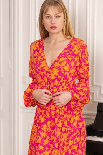 Robe longue à imprimé décolleté V  boutonnée devant , poches invisibles 2