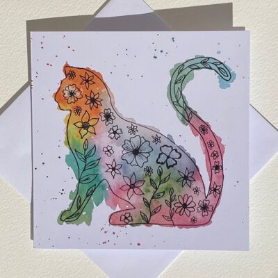 Floral Cat Greetings card blank inside