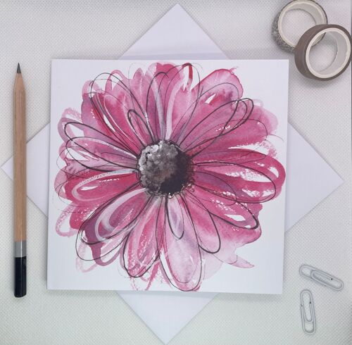 Pink Daisy Watercolour Greetings card blank inside