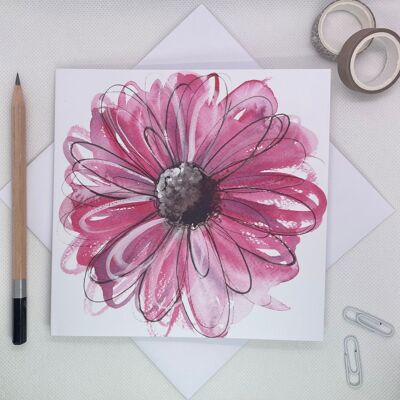 Pink Daisy Watercolour Greetings card blank inside