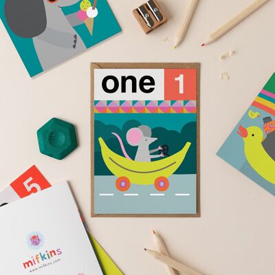 Mouse One 1ra tarjeta de cumpleaños | Tarjeta de cumpleaños para niños | Primera tarjeta de cumpleaños | Tarjeta de cumpleaños del niño | Tarjeta de cumpleaños de niña