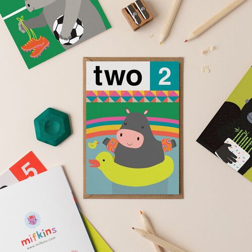 Hippo Two 2nd Birthday Card | Kids Birthday Cards | Boy Birthday Card | Girl Birthday Cards | Second Birthday Card