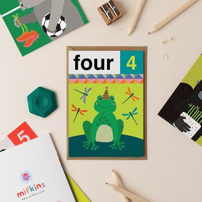 Carte de 4e anniversaire Frog Four | Cartes d'anniversaire pour enfants | Carte d’anniversaire garçon | Cartes d’anniversaire fille | Carte de quatrième anniversaire