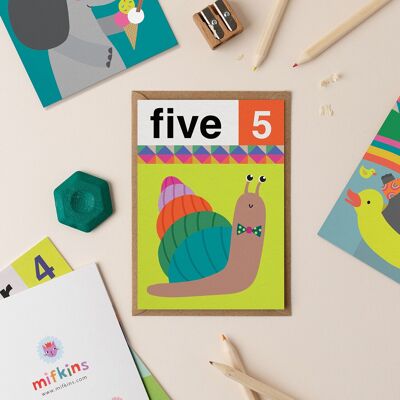 Carte de 5e anniversaire Snail Five | Cartes d'anniversaire pour enfants | Carte d’anniversaire garçon | Cartes d’anniversaire fille | Cartes de cinquième anniversaire