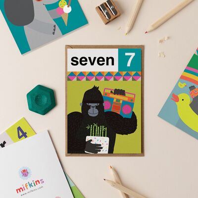 Gorilla Seven 7. Geburtstagskarte | Kindergeburtstagskarten | Junge Geburtstagskarte | Mädchen-Geburtstagskarten | Karten zum siebten Geburtstag