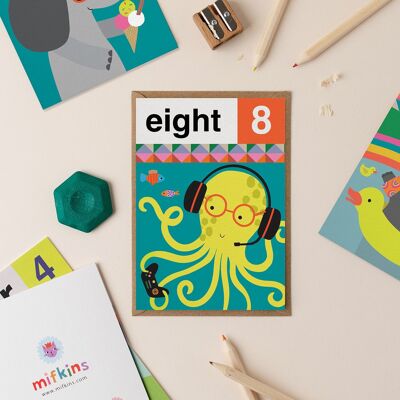 Octopus Eight 8. Geburtstagskarte | Kindergeburtstagskarten | Junge Geburtstagskarte | Mädchen-Geburtstagskarten | Karten zum achten Geburtstag