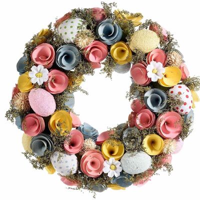 Colorful wooden Easter flower wreaths and eggs