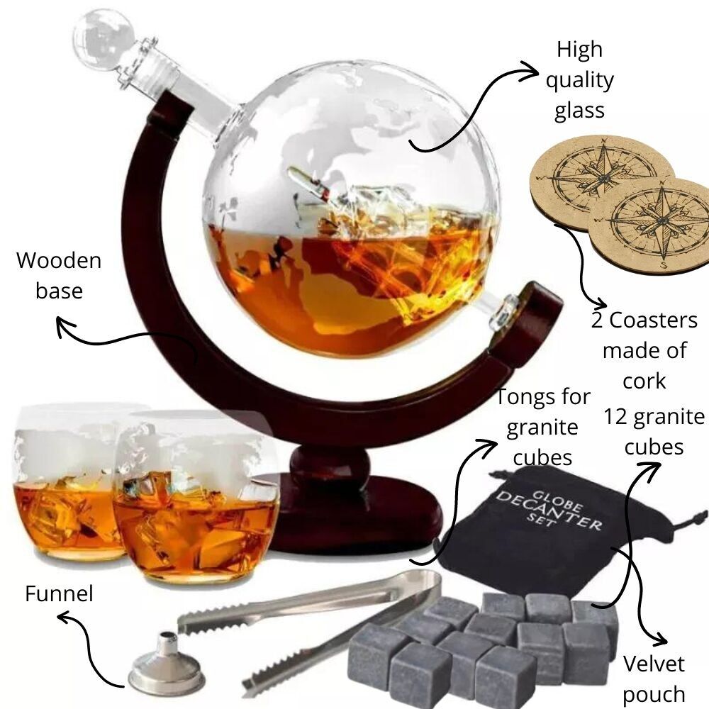 Set decanter Globe con nave all'interno, due bicchieri e accessori, in un'elegante confezione regalo nera