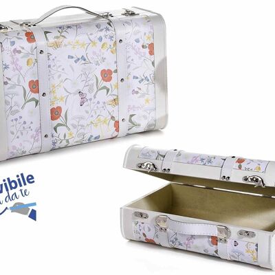 Set 2 valigie in legno bianco con decori floreali e inserti in simil pelle scrivibili fai da te 14zero3