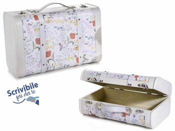 Lot de 2 valises en bois blanc avec décorations florales et inserts en simili cuir inscriptibles DIY 14zero3