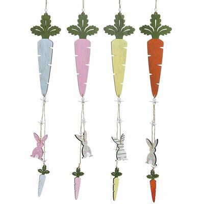 Colorful wooden carrots and hanging decorative bunnies