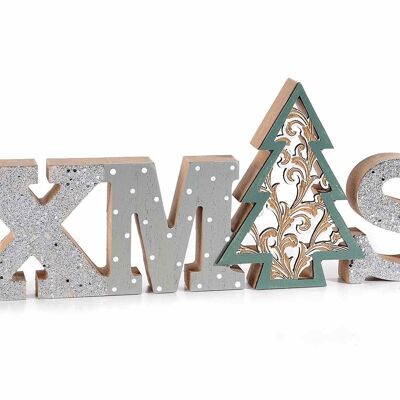 Decorative wooden Xmas writing with carved tree and gold and silver glitter details