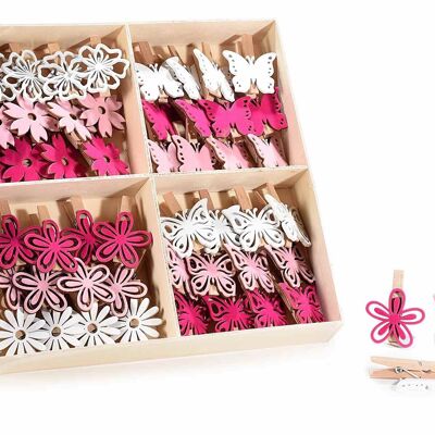 Wooden decorations with clothespin in a display of 48 pieces