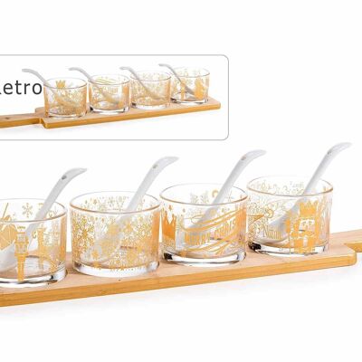 Bandejas de aperitivo con 4 vasos de cristal decorados con cucharadita 14zero3