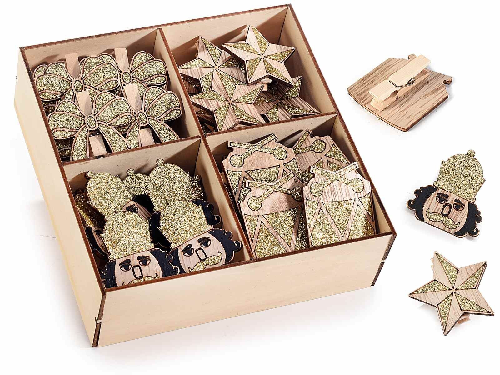 „Nussknacker“ Holzwäscheklammern 14zero3 mit goldenem Glitzer im Display zu 36 Stück