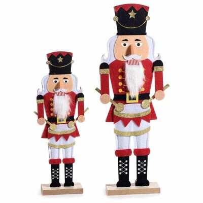 Nutcracker soldiers in a set of cloth on a wooden base and glittery decorations in a set of two pieces