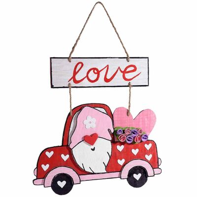 Plaques en bois avec gnome amoureux sur une petite voiture à accrocher