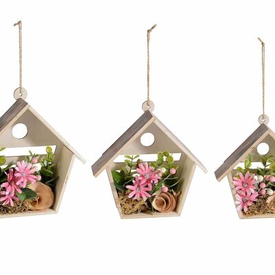 Wooden houses with artificial flowers to hang in a set of 3 pieces