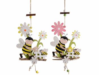 Décorations en bois colorées avec abeille et fleurs à suspendre