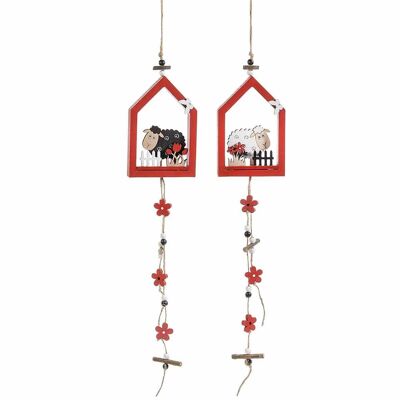 Wooden houses with sheep to hang with flower pendants