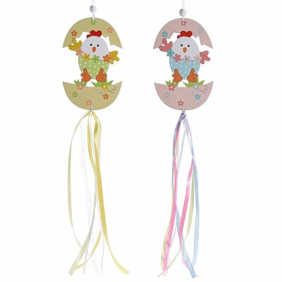 Egg decoration with wooden Easter chick to hang