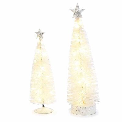 Árboles de Navidad blancos con luces LED y puntas de estrellas.