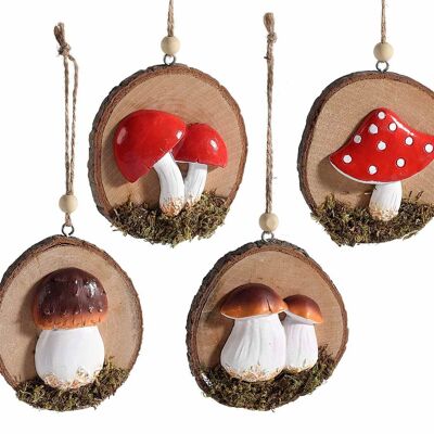 Autumn window decorations in wooden logs with resin mushroom decoration to hang