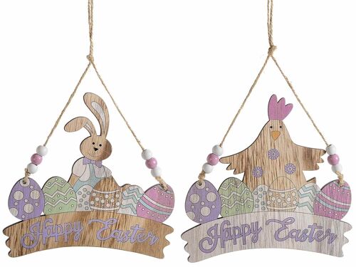 Decorazioni in legno colorato con gallina e uova pasquali da appendere con perline e scritta "Happy Easter"