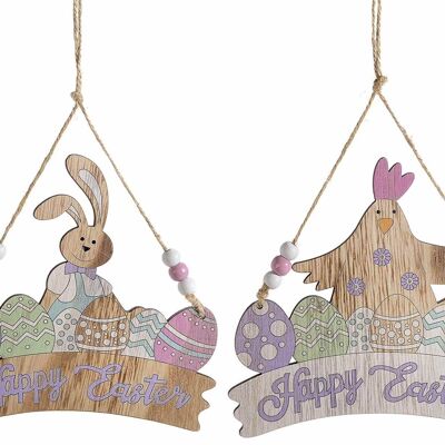 Coloridos adornos de madera con pollo y huevos de Pascua para colgar con cuentas y la inscripción "Feliz Pascua"