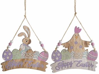 Décorations en bois colorées avec poules et œufs de Pâques à suspendre avec des perles et inscription "Joyeuses Pâques"