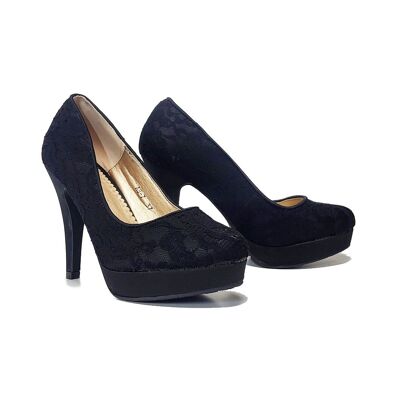 Zapatos de mujer - zapatos de salón de encaje negro con tacones altos