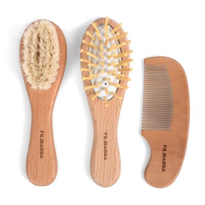 Wooden baby brush and comb set with cotton pouch