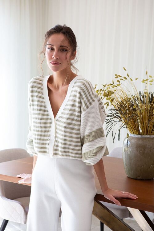 Striped V-Neck Button Front Cardigan