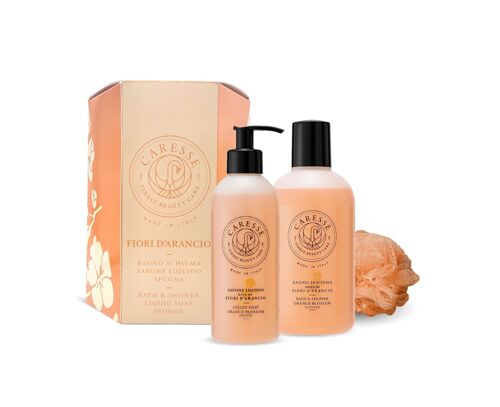 CARESSE SCATOLA REGALO FRAGRANZA FIORI D'ARANCIO BAGNO SCHIUMA ML.500, SAPONE PER MANI 300 ML, SPUGNA