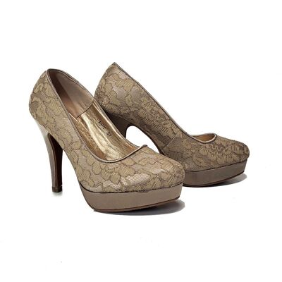Zapatos de mujer - zapatos de salón de encaje beige con tacones altos