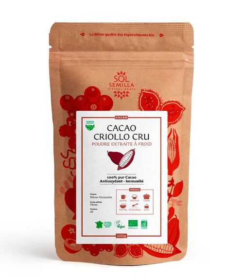 Cacao cru criollo commerce équitable en poudre 200g