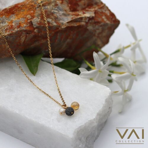 Necklace “Lost In Space”, Gemstone Diffuser Jewellery, Handmade with Natural Lava and Citrine.